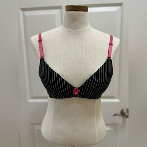 Native Intimates brand Black Padded Bra w/ white pinstripes and pink straps. 34B